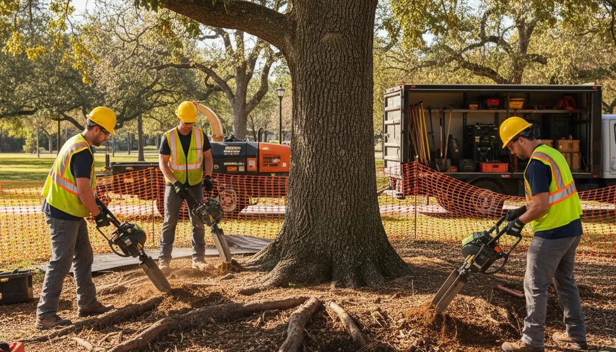 Royal Oak, MI tree service crew providing root protection for healthy, stable trees