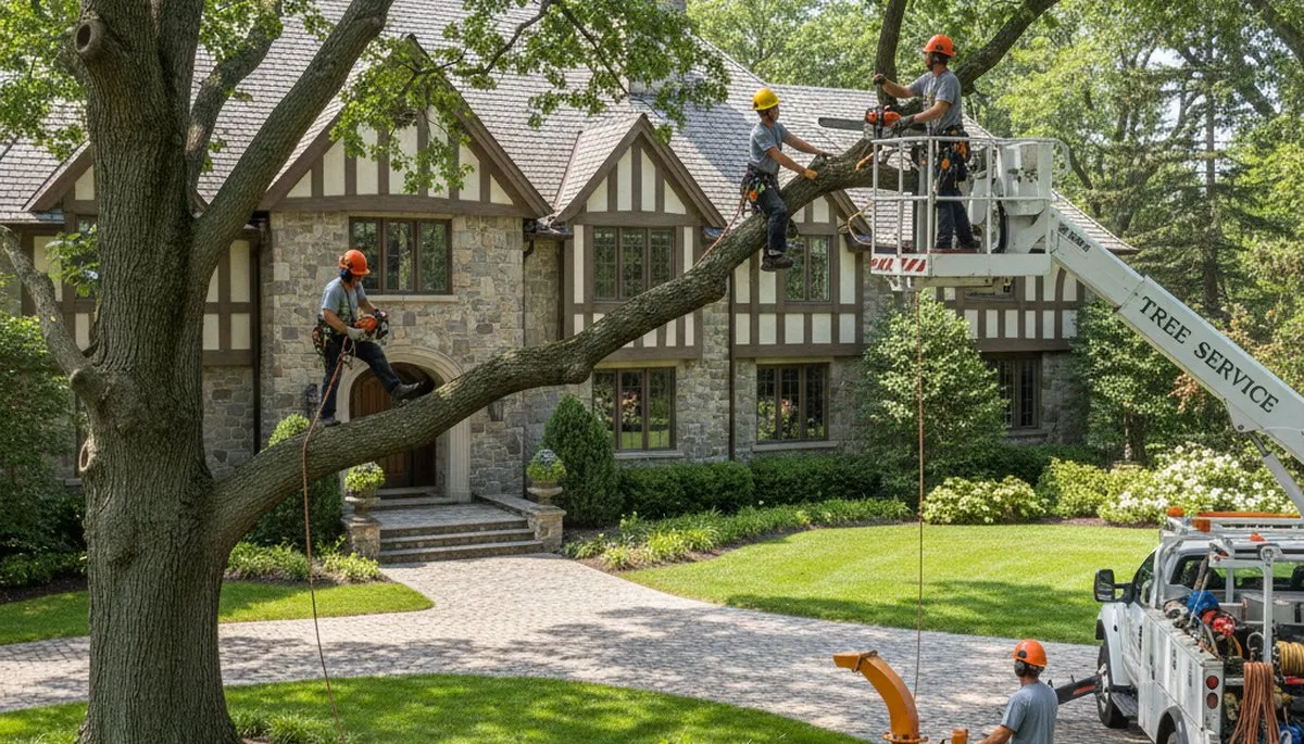 Tree service crew in Royal Oak, MI trimming and removing trees for a residential property