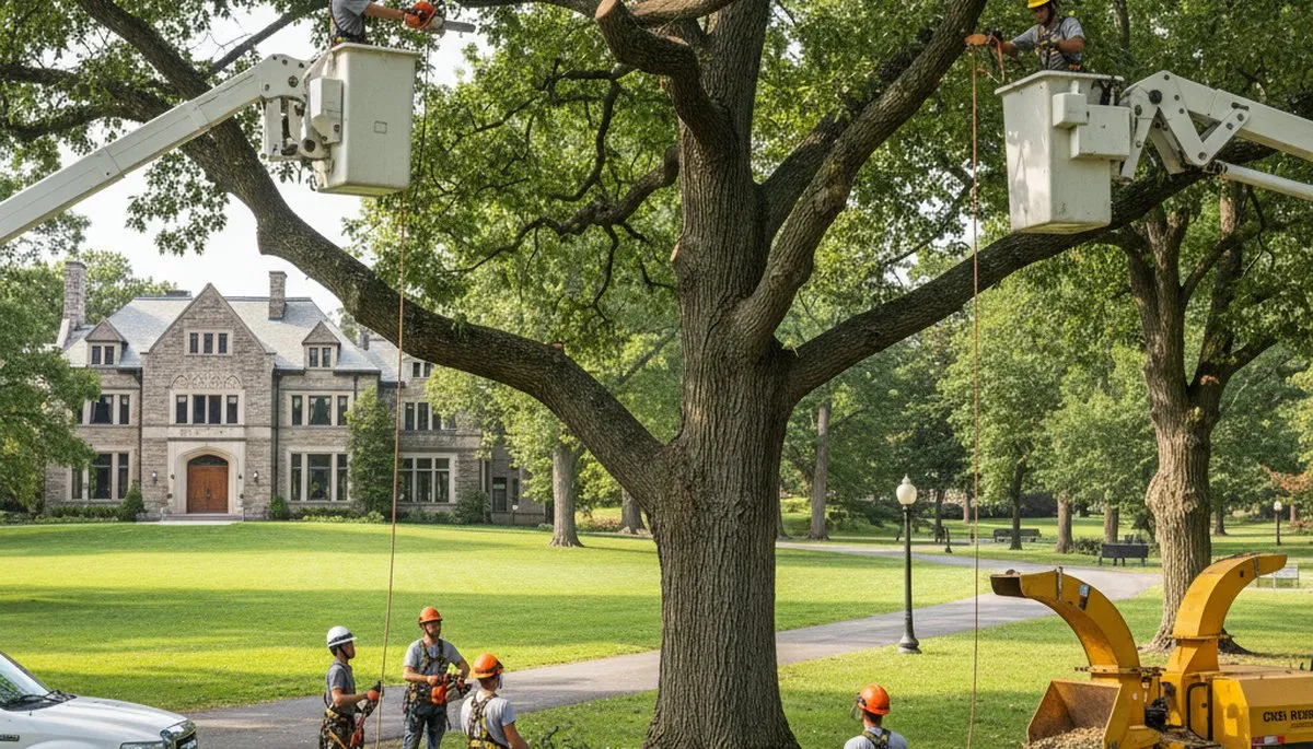 Tree service crew in Royal Oak, MI performing professional tree trimming and removal on residential property