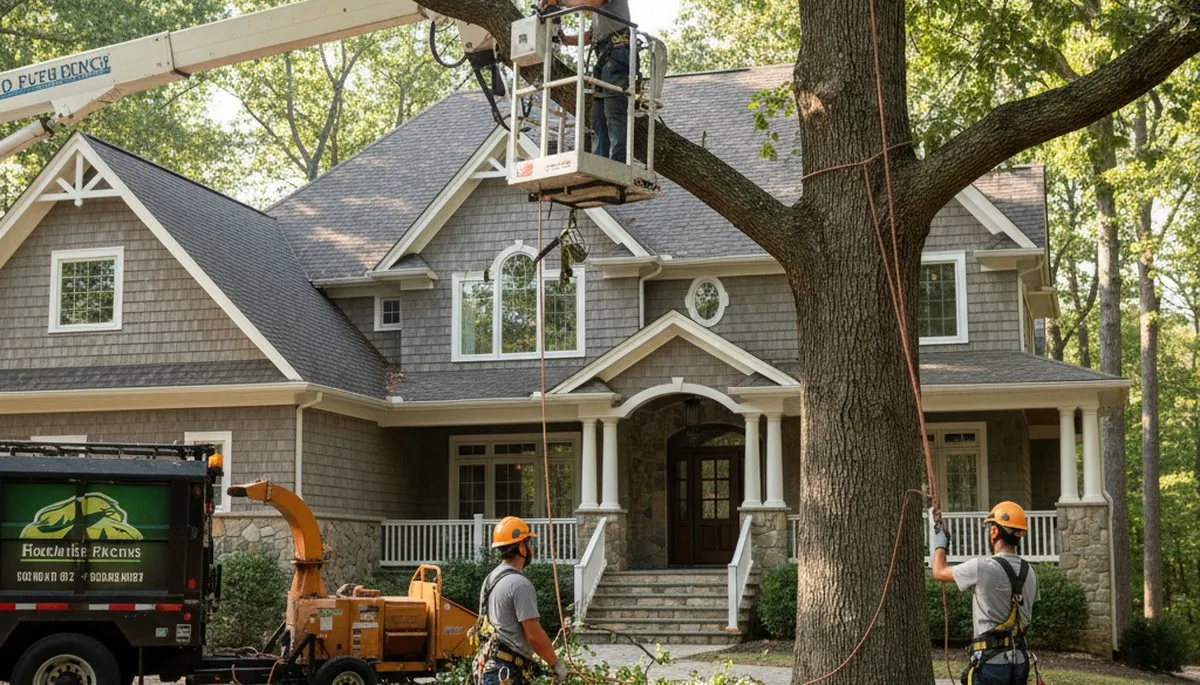 Tree service crew in Royal Oak, MI performing professional tree trimming and removal with equipment