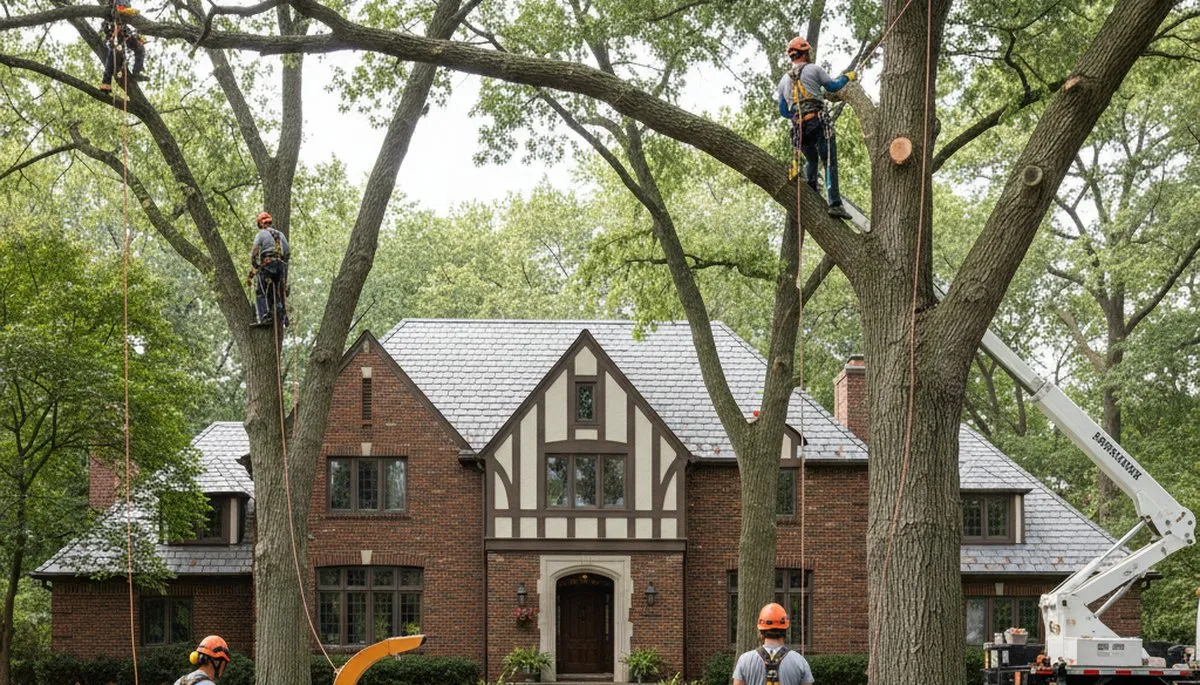 Tree service crew in Royal Oak, MI trimming and removing trees for residential property care