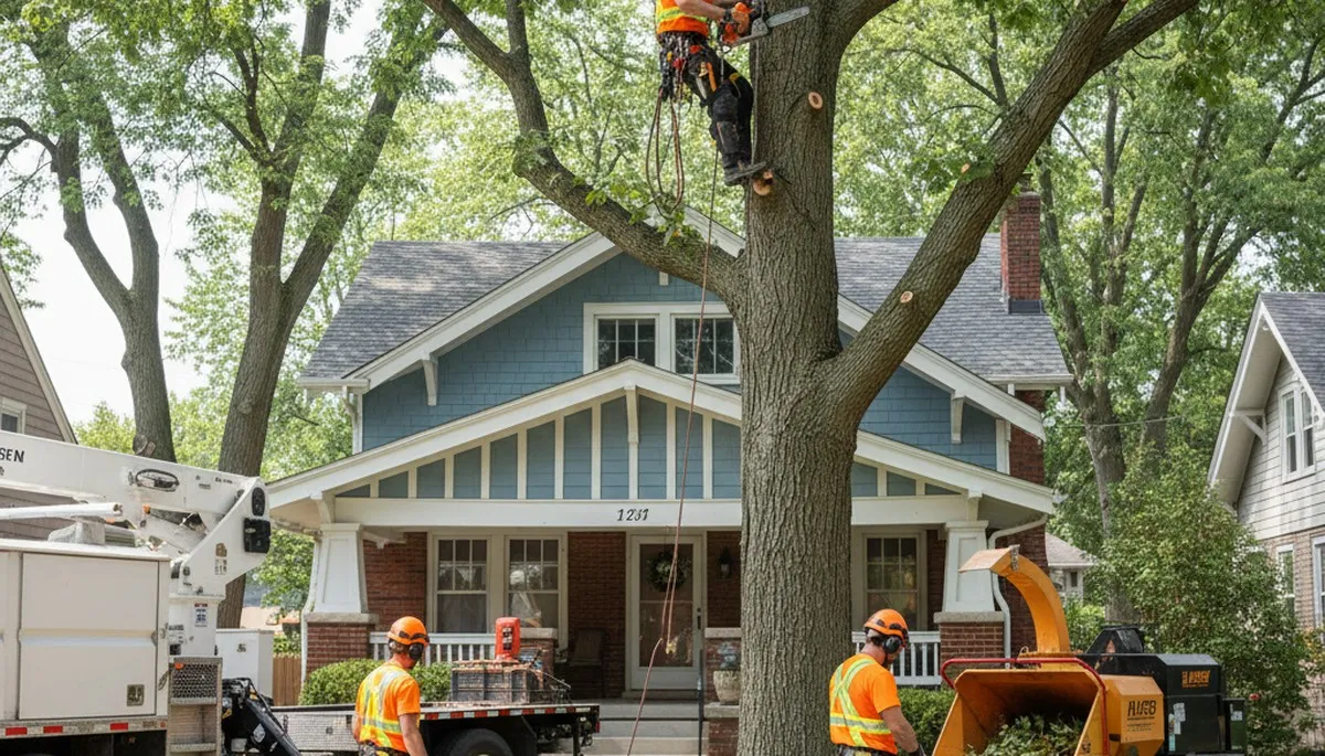 Tree service crew in Royal Oak, MI performing professional tree trimming and removal on a property
